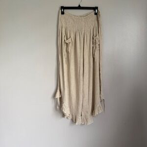 NWT Zury Linen Blend Wide Leg Smocked Palazzo Pants Beige Ruffle Hem Free Size